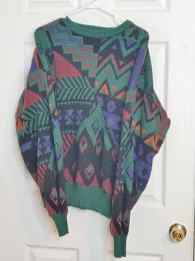 Vintage 90s Fellini Geometric Graphic Knit Sweater XL Abstract Cosby Style
